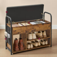 Schuhbank mit gepolstertem Sitz, aus Spanplatte, Stahl und PU – bietet Stauraum für Schuhe und Kleinteile, Maße: 30 × 80,6 × 62,5 cm.