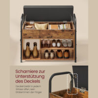 Schuhbank mit gepolstertem Sitz, aus Spanplatte, Stahl und PU – bietet Stauraum für Schuhe und Kleinteile, Maße: 30 × 80,6 × 62,5 cm.