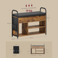 Schuhbank mit gepolstertem Sitz, aus Spanplatte, Stahl und PU – bietet Stauraum für Schuhe und Kleinteile, Maße: 30 × 80,6 × 62,5 cm.
