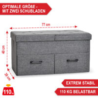 Praktische Sitzbank mit Stauraum und zwei Schubladen zur geordneten Schuhaufbewahrung.