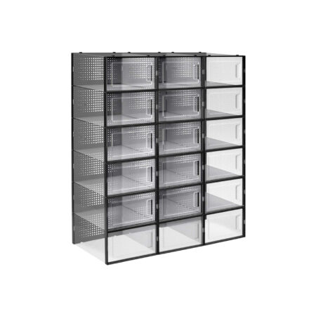 Schwarze Schuhbox im 18er-Set, stapelbar und mit Belüftungslöchern.