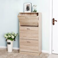 Weisses Schuhkipper-Regal mit Türen und zusätzlichem Ablagefach für Schuhe und Accessoires.