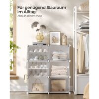 Weißes Schuhregal mit sechs Fächern aus Kunststoff, leicht und stabil.