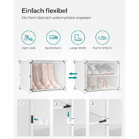 Weißes Schuhregal mit acht Würfeln, ideal für eine platzsparende Aufbewahrung.