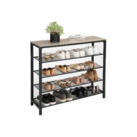 Offenes Schuhregal mit vier Ablagen im Industrial Design aus Holz und Metall.