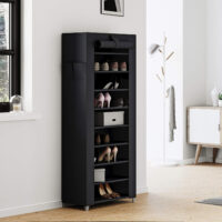 Schuhregal mit 10 Ebenen aus Stahlrohr und Vliesstoff, staubgeschützt und platzsparend, mit Reißverschlussabdeckung und Klettverschlüssen für einfachen Zugriff. Vielseitig einsetzbar für Schuhe, Kleidung und mehr, einfach ohne Werkzeug montierbar.