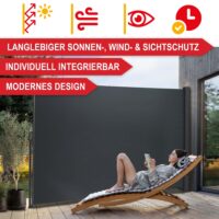 Große Seitenmarkise mit 180x300 cm für zuverlässigen Sicht- und Windschutz im Garten.