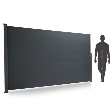 Große Seitenmarkise mit 180x300 cm für zuverlässigen Sicht- und Windschutz im Garten.