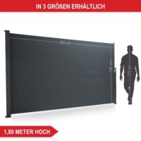 Große Seitenmarkise mit 180x300 cm für zuverlässigen Sicht- und Windschutz im Garten.