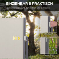 Hellgraue Seitenmarkise 300x100cm mit UV-Schutz und Windschutz.