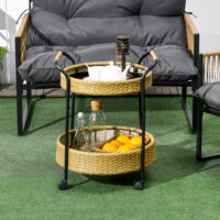 Servierwagen Rattan Trolley mit 2 Regalen Natur-Schwarz