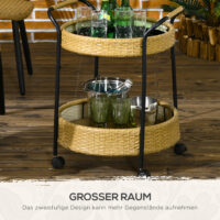 Servierwagen Rattan Trolley mit 2 Regalen Natur-Schwarz