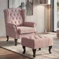Sessel Chesterfield Relaxsessel Ohrensessel wasserabweisend hellrosa mit Ottomane