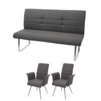 Set 2 Esszimmerstühle und Sitzbank mit Armlehne Edelstahl grau-braun Bank 180cm
