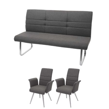 Set 2 Esszimmerstühle und Sitzbank mit Armlehne Edelstahl grau-braun Bank 180cm