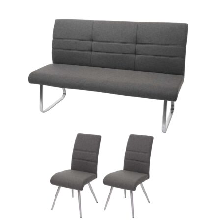 Set 2 Esszimmerstühle und Sitzbank Edelstahl Stoff grau-braun Bank 180cm
