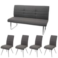 Set 4 Esszimmerstühle und Sitzbank Edelstahl Stoff grau-braun Bank 180cm