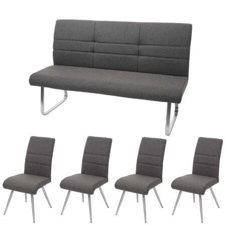 Set 4 Esszimmerstühle und Sitzbank Edelstahl Stoff grau-braun Bank 180cm