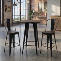 Set Stehtisch und 2 Barhocker mit Holzplatte Industriedesign schwarz
