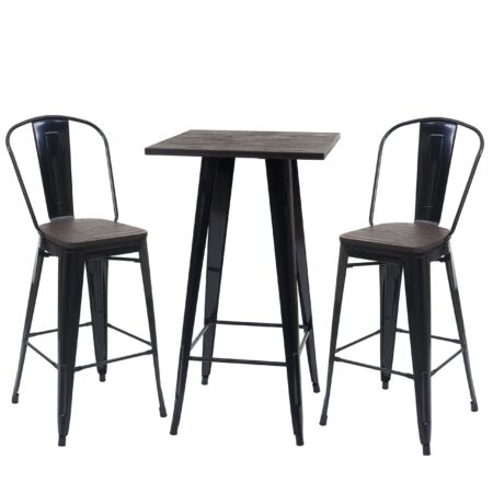 Set Stehtisch und 2 Barhocker mit Holzplatte Industriedesign schwarz