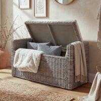 Sitzbank Garderobenbank Sitzhocker mit Stauraum Kubu Rattan 88cm grau-braun
