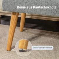 Graue Sitzbank in Leinenoptik mit stabilen Holzbeinen, Masse 120x41x43cm. Passt sich vielen Einrichtungsstilen an.