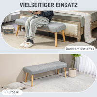 Graue Sitzbank in Leinenoptik mit stabilen Holzbeinen, Masse 120x41x43cm. Passt sich vielen Einrichtungsstilen an.