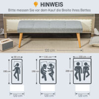 Graue Sitzbank in Leinenoptik mit stabilen Holzbeinen, Masse 120x41x43cm. Passt sich vielen Einrichtungsstilen an.