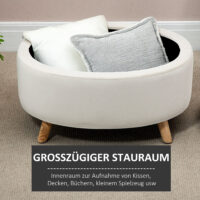 Beige ovale Sitzbank mit Stauraum und Samtoptik, auf stabilen Holzbeinen, Masse 71x51.5x42cm. Ein einzigartiges und charmantes Möbelstück.