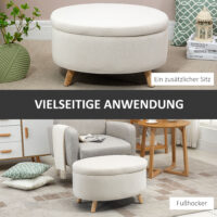 Beige ovale Sitzbank mit Stauraum und Samtoptik, auf stabilen Holzbeinen, Masse 71x51.5x42cm. Ein einzigartiges und charmantes Möbelstück.