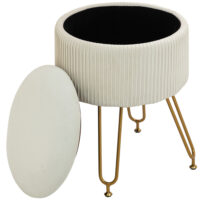 Cremeweisse runde Polsterbank mit integriertem Stauraum, 2-in-1 Design, perfekt als zusätzliche Sitzgelegenheit und clevere Aufbewahrungslösung im Wohnzimmer oder Schlafzimmer.