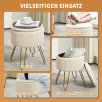 Cremeweisse runde Polsterbank mit integriertem Stauraum, 2-in-1 Design, perfekt als zusätzliche Sitzgelegenheit und clevere Aufbewahrungslösung im Wohnzimmer oder Schlafzimmer.