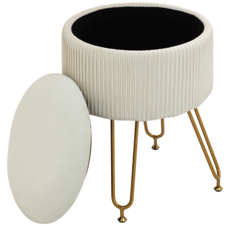 Cremeweisse runde Polsterbank mit integriertem Stauraum, 2-in-1 Design, perfekt als zusätzliche Sitzgelegenheit und clevere Aufbewahrungslösung im Wohnzimmer oder Schlafzimmer.