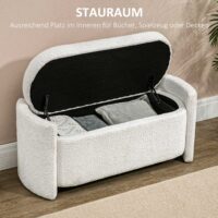 Cremefarbene Sitzbank in Samtoptik mit Stauraum, Masse 105x44x45.5cm. Eine kompakte und elegante Lösung.