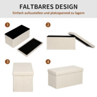 Cremeweisse faltbare Sitzbank mit luxuriöser Samtoptik und viel Stauraum, eine vielseitige und platzsparende Ergänzung für jeden Raum.