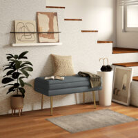 Graue Sitzbank in Samtoptik mit Stauraum, Masse 79.5x37.5x43cm. Eine platzsparende und stilvolle Sitzgelegenheit.