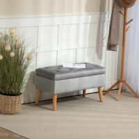 Graue Sitzbank mit stilvoller Samtoptik, integriertem Stauraum und Beinen aus massivem Gummiholz, perfekt für moderne Wohnräume.
