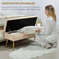 Beige Sitzbank in edler Samtoptik mit robustem Metallrahmen und praktischem Stauraum, ideal für Flur oder Schlafzimmer.