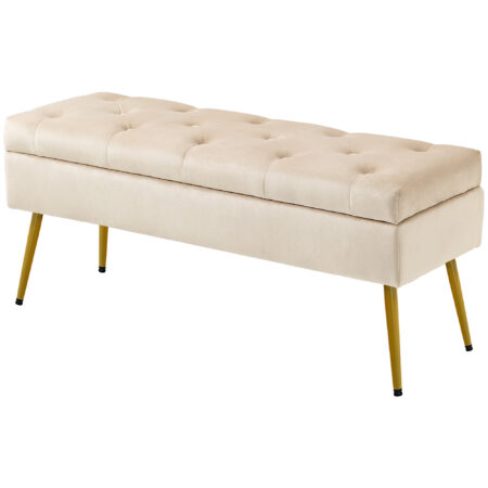 Beige Sitzbank in edler Samtoptik mit robustem Metallrahmen und praktischem Stauraum, ideal für Flur oder Schlafzimmer.