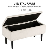 Cremefarbene Sitzbank in Samtoptik mit Stauraum, ideal für das Wohnzimmer. Eine helle und einladende Bereicherung.