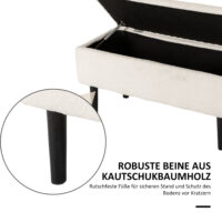 Cremefarbene Sitzbank in Samtoptik mit Stauraum, ideal für das Wohnzimmer. Eine helle und einladende Bereicherung.