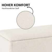 Cremefarbene Sitzbank in Samtoptik mit Stauraum, ideal für das Wohnzimmer. Eine helle und einladende Bereicherung.