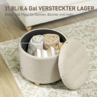 Runde cremeweisse Sitzbank mit weicher Kaschmiroptik-Polsterung und stabilem Holzrahmen, bietet eleganten Stauraum.