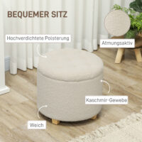 Runde cremeweisse Sitzbank mit weicher Kaschmiroptik-Polsterung und stabilem Holzrahmen, bietet eleganten Stauraum.