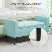 Grüne Sitzbank mit Stauraum in Leinenoptik, Masse 116x44x58cm, belastbar bis 130kg. Bietet viel Platz für verschiedene Gegenstände.