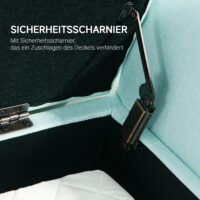 Grüne Sitzbank mit Stauraum in Leinenoptik, Masse 116x44x58cm, belastbar bis 130kg. Bietet viel Platz für verschiedene Gegenstände.