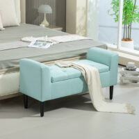 Grüne Sitzbank mit Stauraum in Leinenoptik, Masse 116x44x58cm, belastbar bis 130kg. Bietet viel Platz für verschiedene Gegenstände.