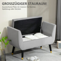 Hellgraue Sitzbank mit Stauraum in Samtoptik, Masse 107x42x65cm. Bringt Eleganz und praktische Aufbewahrung in den Raum.