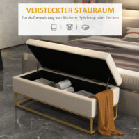 Beige Sitzbank mit Stauraum in Samtoptik, ideal für das Wohnzimmer. Eine elegante und praktische Ergänzung.