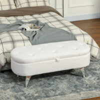 Weisse bequeme Sitzbank in kuscheliger Teddysamtoptik mit robustem Metallrahmen und grosszügigem Stauraum, ideal für Gemütlichkeit und Ordnung.